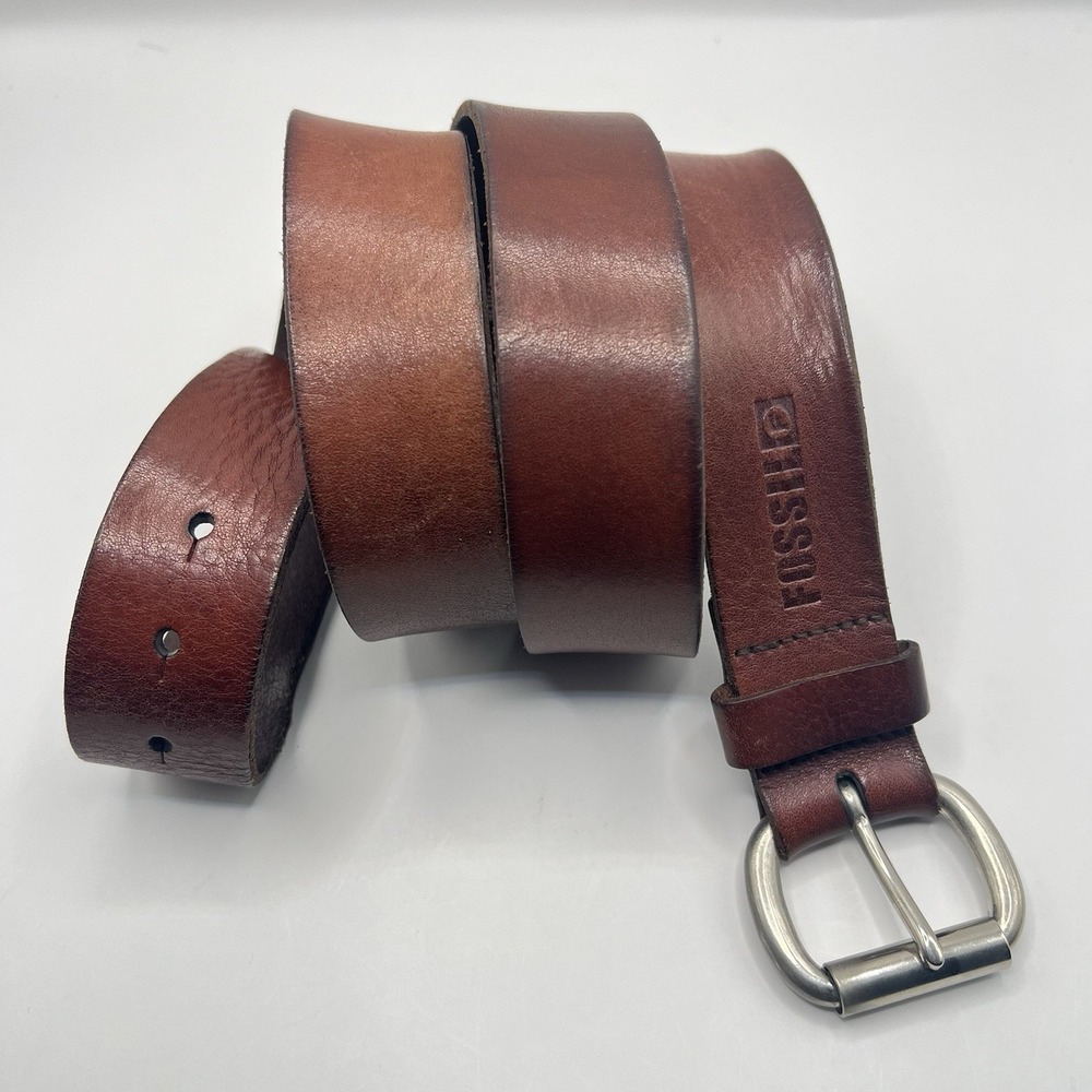 Y2K Fossil Full Grain Cowhide‎ Leather Belt Sz 44 Brown Buckle Thick Rugged
